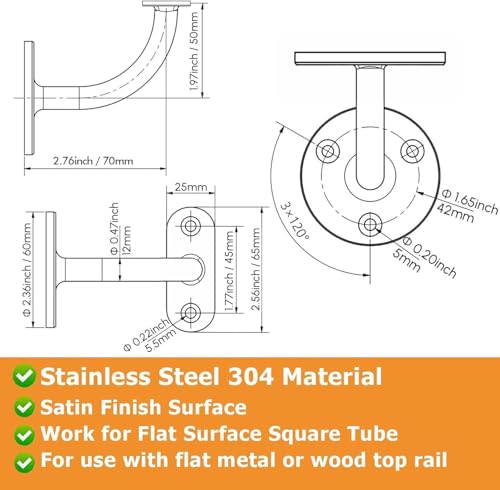 4-Pack Stainless Steel 304 Wall Mount Handrail Bracket for Wood & Metal Stair Railing, Support Flat Surface Square Tube, Satin Gold Finish - size: Stainless Steel 304, style: 4 Pack-GOLD