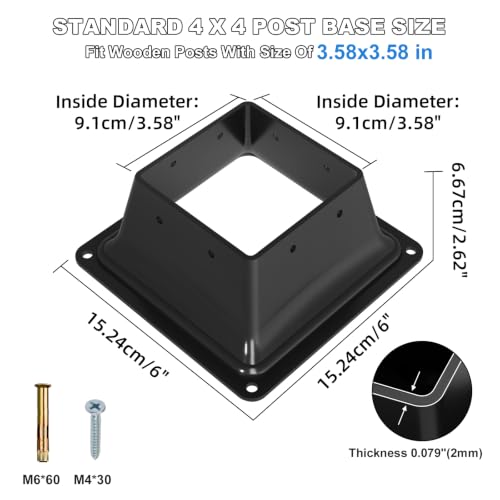 4x4 Post Base 2PC-Inner Size 3.6x3.6-Metal Post Brackets-Deck Post Anchors-Solid Steel-Powder Coated-Wood Post Holder for Porch Handrail Railing Pergola Fence Pavilion-Support Deck Base