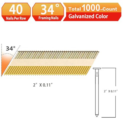 34°Framing Nails,Galvanized,Ring Shank,2":1000pcs - size: 2"---1000PCS