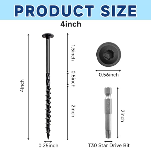 50Pcs Lag Screws #14 x4 Structural Wood Screw Heavy Duty Construction Screw Star Drive Rust Resistant Washer Head Black Coated for Exterior Wood/Lag/Timber Screws with T30 Star Bit - size: 4 Inch