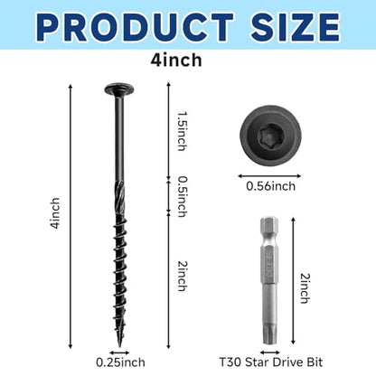 50Pcs Lag Screws #14 x4 Structural Wood Screw Heavy Duty Construction Screw Star Drive Rust Resistant Washer Head Black Coated for Exterior Wood/Lag/Timber Screws with T30 Star Bit - size: 4 Inch