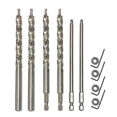 4 Pcs 3/8" Pocket Hole Drill Bit with Depth Stop Collars & SQ2 Screwdriver Bit Set, 1/4" Hex Shank & Round Shank Replacement Drills for Manual Pocket Hole Guide Jig Master System