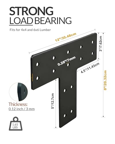 4 Pcs Ultra-Thick T Post Bracket, 12" x 8" Extreme Weatherproof Flat Mending Plate, Heavy Duty Structural Connector for 4x4 6x6 Lumber, Outdoor Pergola, Cabin & Deck Timber Framing - size: 4 Pack, style: Heavy-Duty T-Bracket
