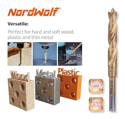 NordWolf 8-Piece HSS M2 Brad Point Wood Drill Bit Set, Titanium Nitride Coated with 1/8" Straight Shank for Rotary Tools & Flex Shafts, SAE Sizes 3/32"-1/8"-5/32"-3/16"-1/4" in Storage Case - size: 3/32" to 1/4" (5 Pcs)