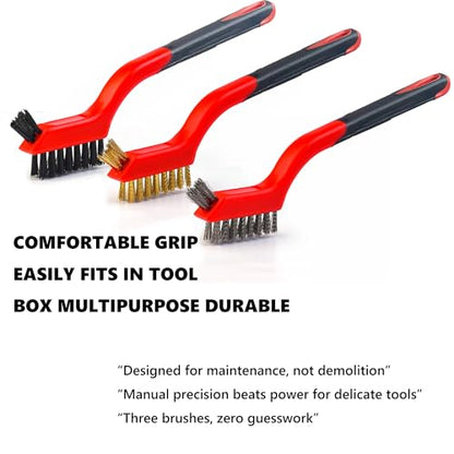 Wire Brush Set (3-Pack) for Precision Cleaning – Brass, Nylon & Stainless Steel Brushes for Rust Removal, Delicate Surfaces & Tight Spaces – 7-Inch Curved Handle - color: 3 PCS RED
