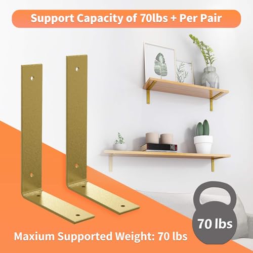 Gold Heavy Duty Shelf Brackets 4 Inch, Rustic Gold Iron L Shelf Bracket, Industrial Modern Metal Floating Shelf with Hardware for DIY Open Shelving, 4 Pack - color: Gold, size: 4 Inch