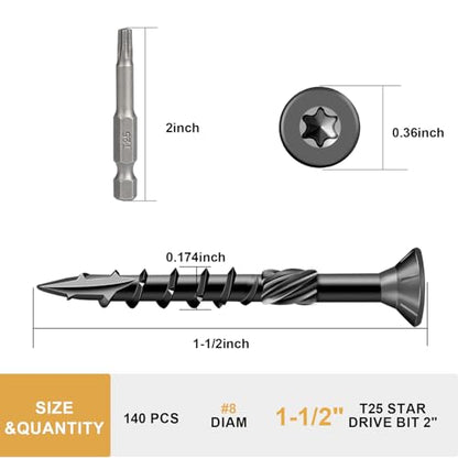 Deck Screws 1-1/2 Inch, Wood Screws #8×1-1/2", 140 Pcs Black - color: Black, size: #8×1-1/2"
