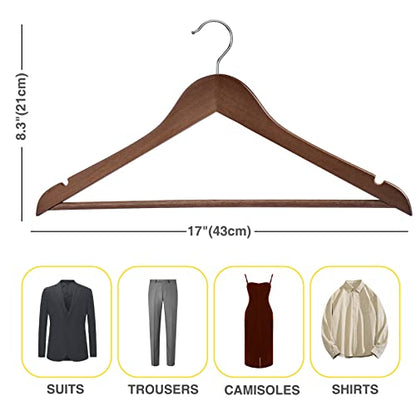 Wooden Hangers 10 Pack,Heavy Duty Wood Coat Hangers,with 360-degree Hook，Smooth Finish Wooden Clothes Hangers with Non Slip Pants Bar, Sturdy Clothes Hangers for Shirts,Suit（Walnut） - color: Walunt