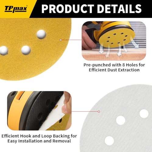100PCS 5 Inch 320 Grit 125mm 8 Hole Sanding Discs Sandpaper - Premium Gold Round Hook and Loop for Random Orbital Sander - Ideal for Wood, Metal, Automotive - style: 320 Grit - 100 Pack