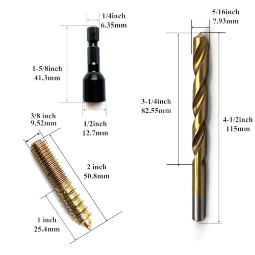 12Pack 3/8-16 x2Inch Hanger Bolts with Alloy-Steel Driver HSS Twist Drill Double Headed Bolts 3/8 Wood Dowel Screw Self-Tapping Hanger Bolts for Furniture