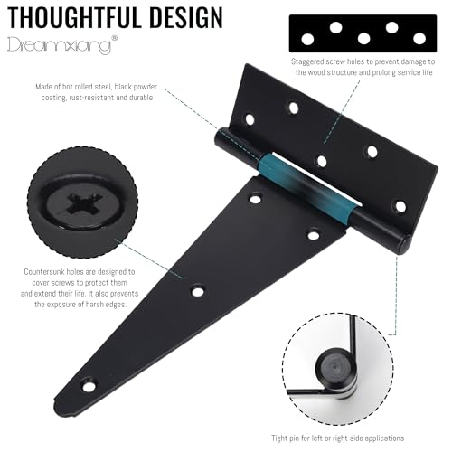 10 Inch T-Strap Gate Hinges, Heavy Duty Shed Barn Door Hinges, Black Tee Hinges for Wooden Fence, Yard Gate, Wrought Hardware Iron Rustproof (2 Pack) - size: 10 Inch