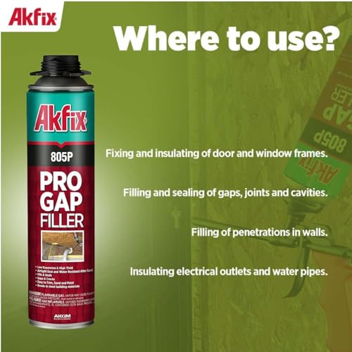 Akfix 805P PRO Gap Filler Expanding Foam Sealant Kit (6x24 Oz.) - Insulating Foam Sealant, Low Expansion Foam for Sound & Heat Insulation, Window & Door | Gun & Cleaner Included | 24 Oz. 6 Pack - size: Gap Filler Foam Set 24oz