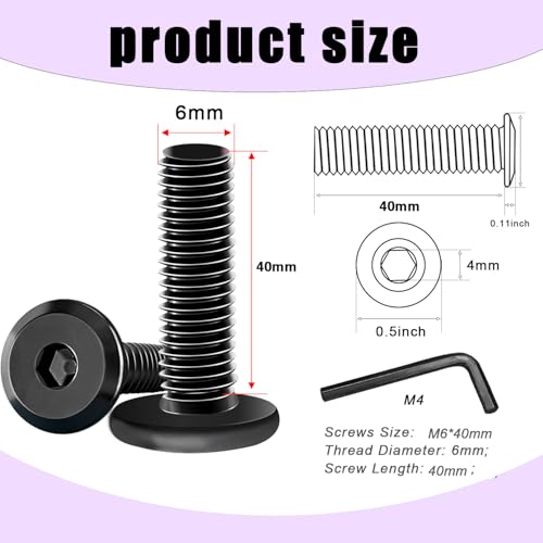 Taiss 20pcs M6 x 40mm Flat Head Socket Head Screw Furniture Bolts,Furniture Screws Stainless Steel 18-8(304),M6 Bolts Black Zinc Plated Fully Threaded,Countersunk Connector M6 Screws with Hex Spanner - size: 20PCS M6x40mm