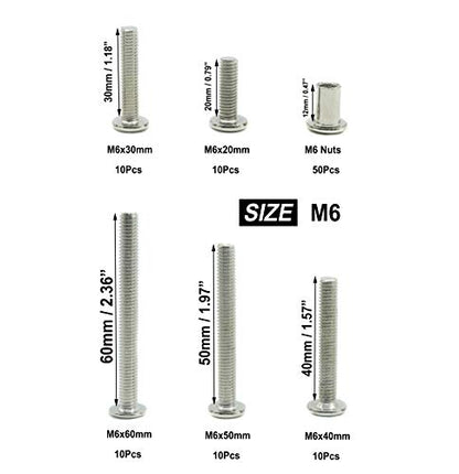 50-Pack Rivet Hex Socket Head Cap Countersunk Bolt and Barrel Nut, M6x20mm/ M6x30mm/ M6x40mm/ M6x50mm/ M6x60mm Bolt - size: M6x20mm/30mm/40mm/50mm/60mm 100pcs