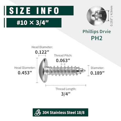 #10 x 3/4" Truss Head Wood Screw, Phillips Truss Head Self Tapping Sheet Metal Tek Screw, 18-8 Stainless Steel 304, Brgiht Finish, 100 PCS - size: #10 x 3/4"