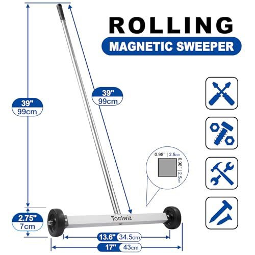Toolwiz 17" Rolling Magnetic Sweeper with LED Telescopic Pick Up Tool - size: 17 inches + 8 LB Pick Up Tool with Light