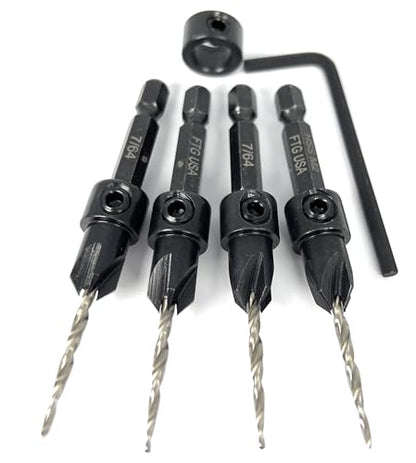 FTG USA 4 Pc #4 (7/64") Tapered Countersink Drill Bit Set with 1 Stop - size: #4, style: Same Sort 4 Pc