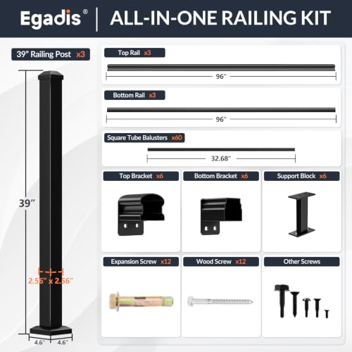 Egadis 3 Pack 36 in x 8 ft Modular Aluminum Porch and Deck Railing Kit - color: Level 8ft - 3Panel 3Post