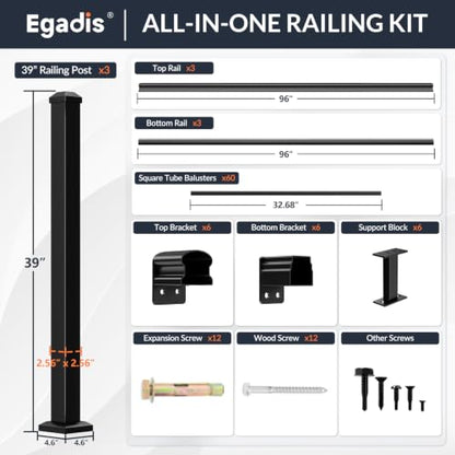 Egadis 3 Pack 36 in x 8 ft Modular Aluminum Porch and Deck Railing Kit - color: Level 8ft - 3Panel 3Post