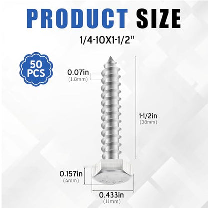 Zonon 50 Pcs 1/4" X 1-1/2" 304 Stainless Steel Lag Screw for Wood, Silver - color: Silver, size: 1/4" X 1-1/2"