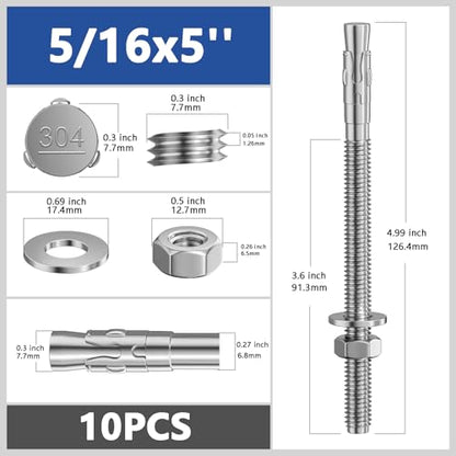 Wensilon 10Pcs 5/16x5 Inch Standard Fasteners for Heavy-Duty 304 Stainless Steel Wedge Anchors for Cement and Concrete - size: 5/16x5"