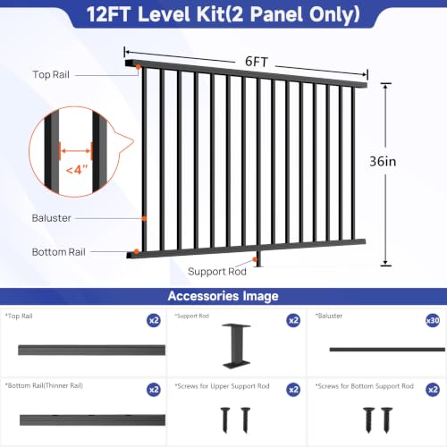 Modular 36 in x 6 ft All Aluminum Deck Railing Kit, Porch Railing - color: Level 6ft - 2 panel 0 Post
