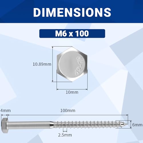 10-Sets M6 x 100mm Hex Head Lag Screws Bolts with Flat Washers, 304 Stainless Steel (18/8), Partial Thread, Heavy Duty Hex Head Lag Deck/Wood Screws - size: M6 x 100mm