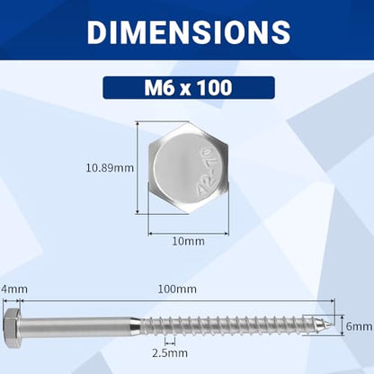 10-Sets M6 x 100mm Hex Head Lag Screws Bolts with Flat Washers, 304 Stainless Steel (18/8), Partial Thread, Heavy Duty Hex Head Lag Deck/Wood Screws - size: M6 x 100mm