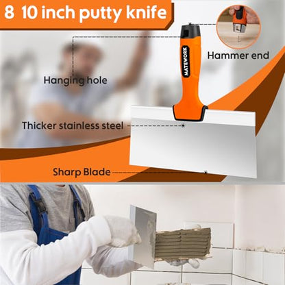 Matework 8Pcs Drywall Tools & Putty Knife Set with Hammer End, Mud Pan - color: 8 Pc