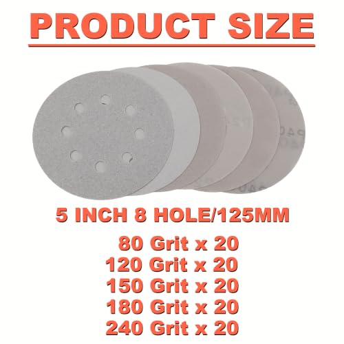 5 Inch Film Sanding Discs: 80-240 Grit Hook & Loop 8 Hole Assortment
