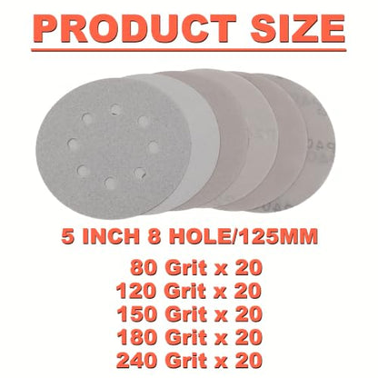 5 Inch Film Sanding Discs: 80-240 Grit Hook & Loop 8 Hole Assortment