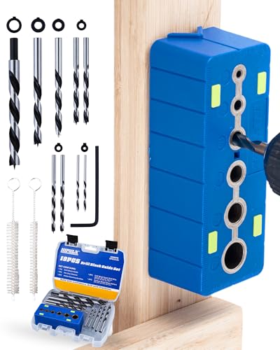 Drill Block Guide Set for Straight Holes with Drill Bits & Stop Collars – Complete Kit with 9 Brad Point Bits, 6 Depth Collars, Case, Guide Blocks for Woodworker Drilling Holes & DIY Projects
