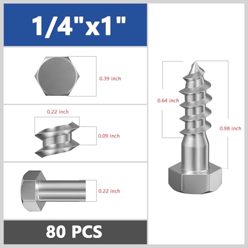 Wensilon Lag Screws Wood Screws,(80PCS, 1/4"x1", Silver) Hex Head Lag Bolts,(6x25) Heavy Duty Lag Screws,304 Stainless Steel Bolts 18-8 - color: Silver, size: 1/4"x1"