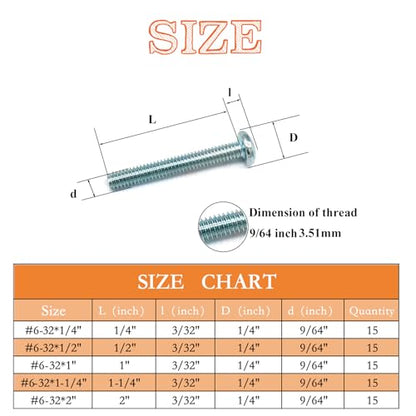 75 Pcs 5Sizes #6-32 Machine Screws Knob Screw Cabinet Screws Electricians Blots, Carbon Steel Zinc-Plated Phillips Pan Head Machine Screw Assortment Kit - size: #6-32-5Size-75P