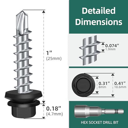 100-pack #10 x 1 Hex Head Self-Drilling Metal Roofing Screws with EPDM Washer, Black Coated Wood Screws, Self Tapping Sheet Metal Roof Screws (Diamond Point) - color: Black, size: #10 x 1"