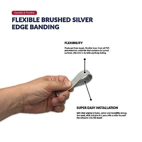 Brushed Silver PVC 1 1/2 in x 25 ft Edge Banding Peel Stick Tape Adhesive Metal Edging Veneer Aluminum Trim Flexible Strip Molding Mdf Wood Cabinet Laminate Shelf Furniture Countertop Formica Plywood - color: Brushed Silver, size: 1-1/2 inch x 25 ft