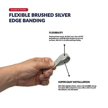 Brushed Silver PVC 1 1/2 in x 25 ft Edge Banding Peel Stick Tape Adhesive Metal Edging Veneer Aluminum Trim Flexible Strip Molding Mdf Wood Cabinet Laminate Shelf Furniture Countertop Formica Plywood - color: Brushed Silver, size: 1-1/2 inch x 25 ft