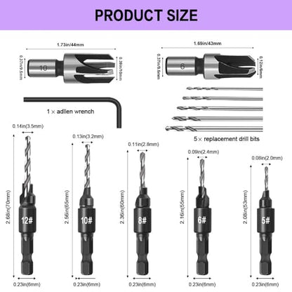Countersink Drill Bit Set, 5 Piece Woodworking Chamfered Set with 1/4 Inch Hex Shank Compatible with Dremel Rotary Tool, Counter Sinker Tools for Hole Drilling, 2 Piece Wood Plug Cutter with L-Wrench
