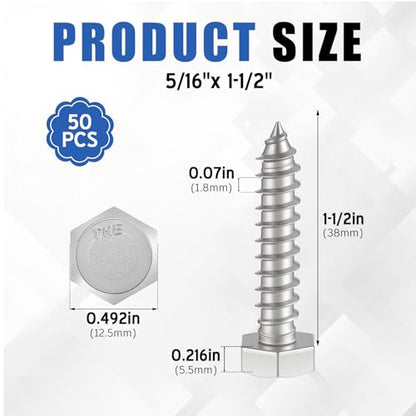 Zonon 50 Pcs 5/16" X 1-1/2'' 304 Stainless Steel Lag Screw for Wood, Silver - color: Silver, size: 5/16" X 1-1/2''