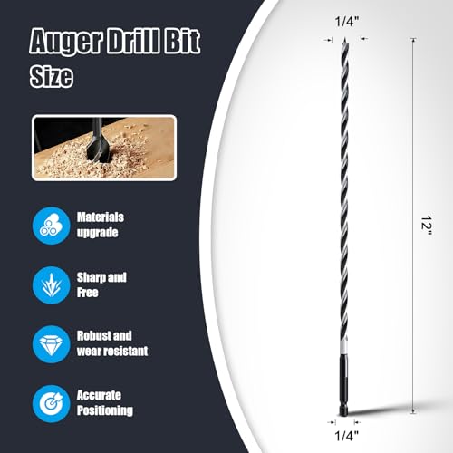 1/4" x 12" Auger Drill Bit for Wood,Hex Shank Tri Flute Drill Bit - size: 1/4"x12"