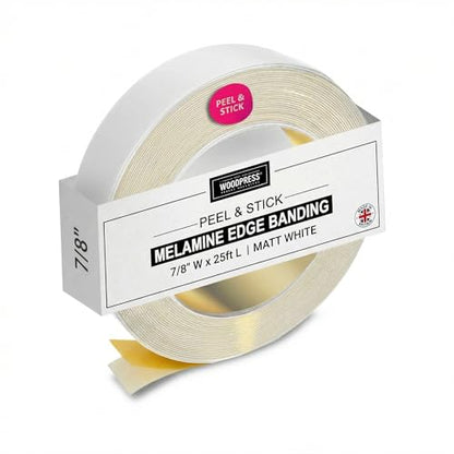 7/8" Matt White Peel & Stick Melamine Edge Banding, 25 ft - size: 7/8 inch