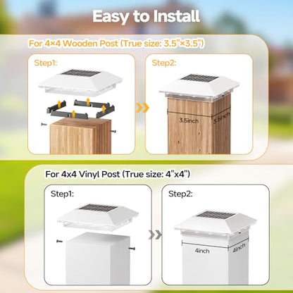 Mlambert 4 Pack 4x4 Solar Post Light, 3 Modes Wooden Vinyl Fence Cap, White - color: White, size: 4 Pack