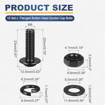 M METERXITY 10 Set M6 x 20mm Flanged Button Head Socket Cap Screws, Black 304 Stainless Steel 18-8 Hex Socket Head Screws Bolts, Nuts, Flat & Lock Washers for DIY, Furniture, Automotive - size: M6 x 20mm
