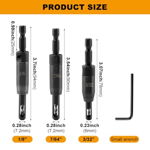 Self Centering Drill Bit Set for 1/4inch Clic-Change, 3pcs CC2430 3/32“, 7/64”, 1/8“ Carbon Steel Quick-Change Sturdy Self Centering Hinge Hex Drill Bit Set, #6 8 10