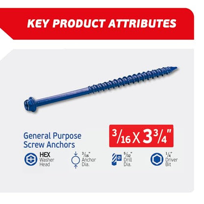 3/16 x 3-3/4" Hex Head Blue Concrete Screw Anchors (100 pcs Screw Kit) with one Screwdriver and Drill Bit for Concrete, Masonry, Block, Brick and Wood Fastening - size: 3/16 x 3-3/4"