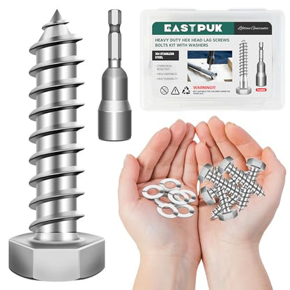 (10Sets) 3/8" x 1-1/2" Hex Head Lag Bolts, Heavy Duty Lag Screws with Washers, 304 Stainless Steel 18-8, 3/8 Bolt for Wood, Partial Thread - size: 3/8" x 1-1/2"
