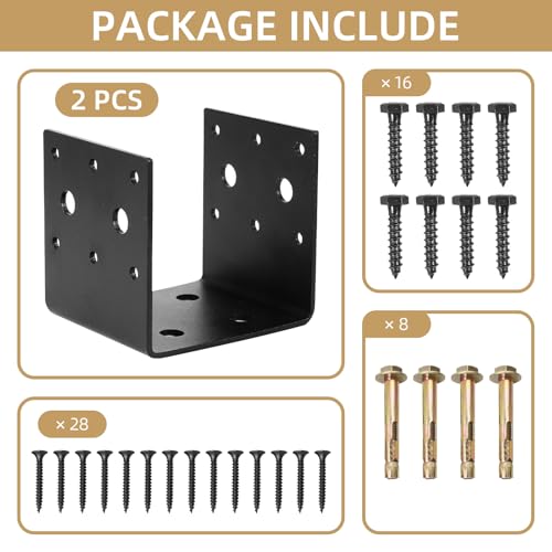 2x Black Half Base & Joist Hanger Brackets for 4"x4" Wood Posts with Screws, 3mm Steel