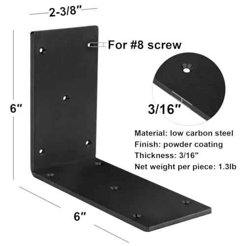 4 Pack 6" Black Steel L Angle Bracket for 4x4 Post, Heavy Duty Corner Brace