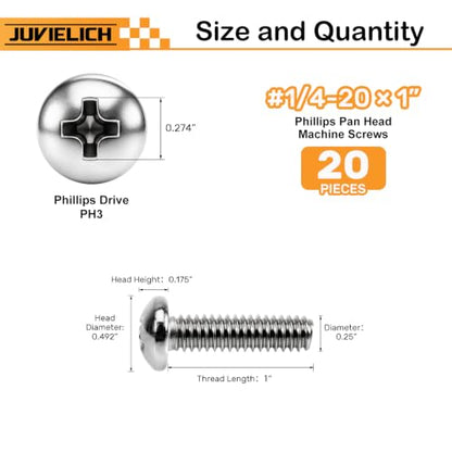 20PCS 1/4-20 x 1 Machine Screws, Phillips Pan Head, 304 Stainless Steel - size: 1/4-20x1"