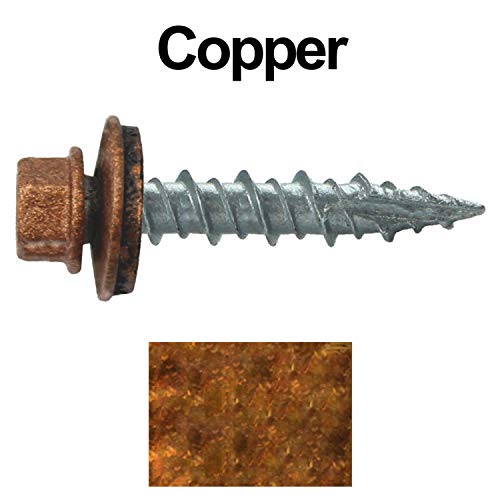 10 x 1 Copper Metal Roofing Screws - Hex Washer Head- Self-Starting/Tapping - EPDM Washer. 1 Bag - 250 Screws - color: COPPER, size: 1"